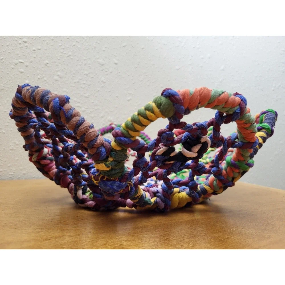 Vtg ‎ Wrapped Twisted Fabric Flower Basket Open Weave Fishermen Net Style Boho